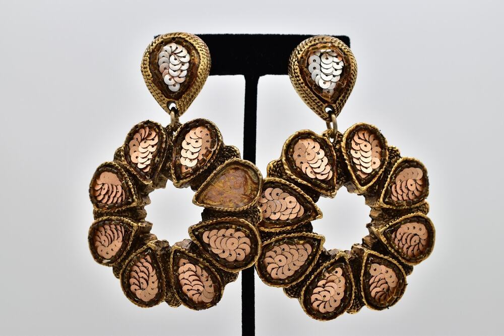 Satellite Paris Vintage Clip On Statement Earrings Copper Sequin Signed BinAK